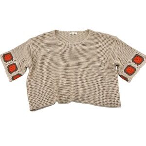 Elan Crochet Knit Cropped Sweater Orange Square Detail Beige Women's Size M